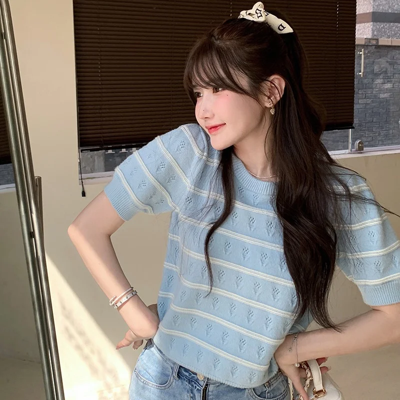 Uveng Uveng T-Shirt Knitted Loose Outer Wear Women's Summer New Ocean Gas Short-Term Age-Down Round-Neck Short-Sleeved Korean Version Of The Top