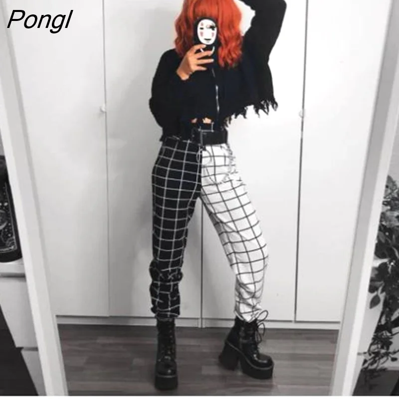 Pongl Styles Black White Plaid Patchwork Women's Jogger Pants Cargo Pants Hight Waist Straight Long Trousers Sprots Pant Casual