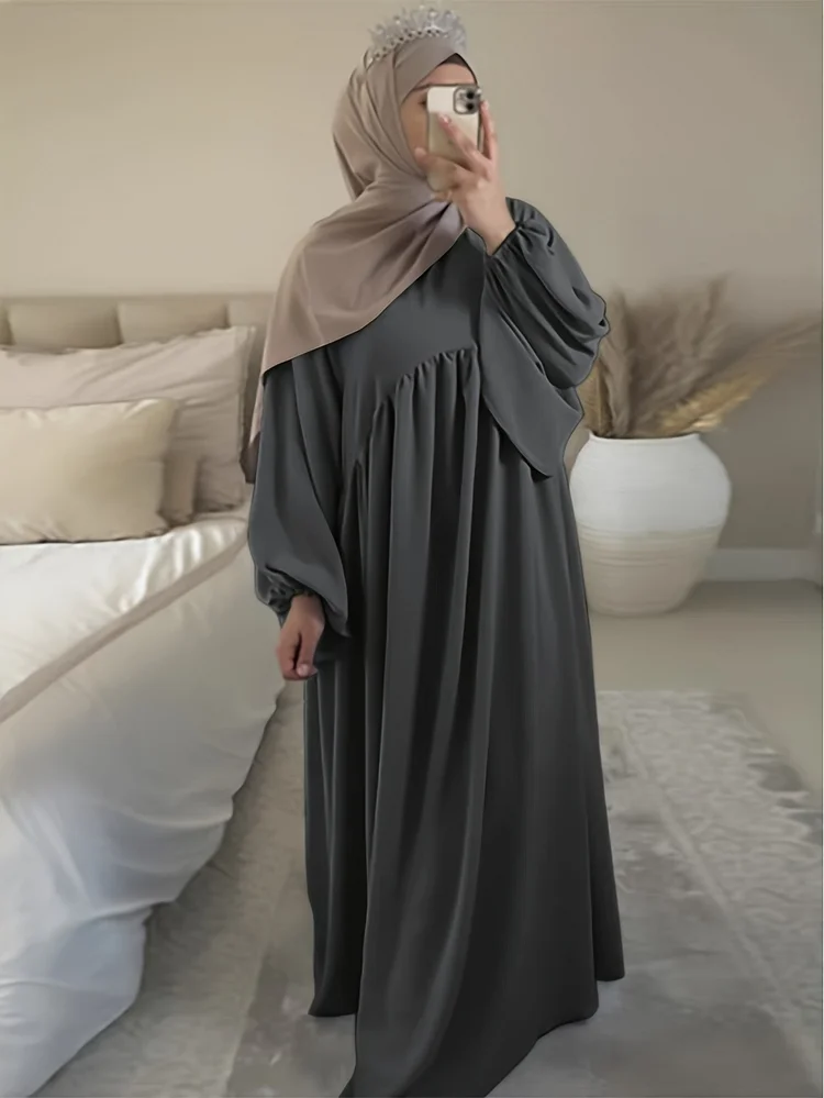 Women's Casual Long Sleeve Lantern Dress - Round Neck, Straight Cut, Solid Color With Ruffled Hem, Lightweight & Breathable For Spring/Summer/Fall, Spring Fashion | Ruffled Hem Dress | Lightweight Dress
