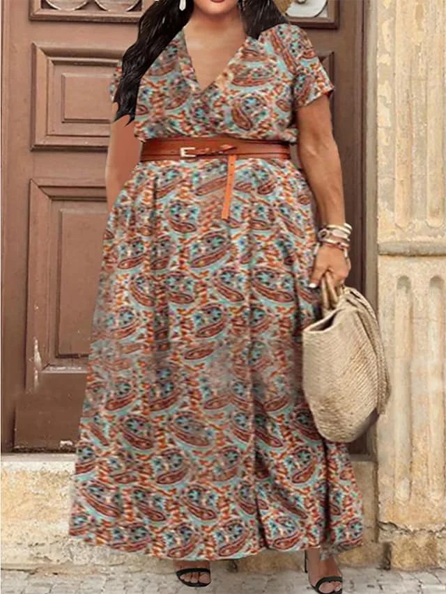 Women's Plus Size Holiday Dress Floral V Neck Print Short Sleeve Spring Summer Casual Maxi long Dress Daily Holiday Dress / Graphic