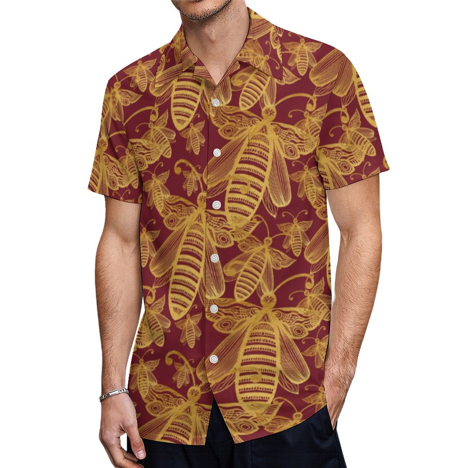 Boho Bee Swarm Chic Pattern Gold On Red Hawaiian Shirt Mens Button Down Plus Size Tropical Hawaii Beach Shirts