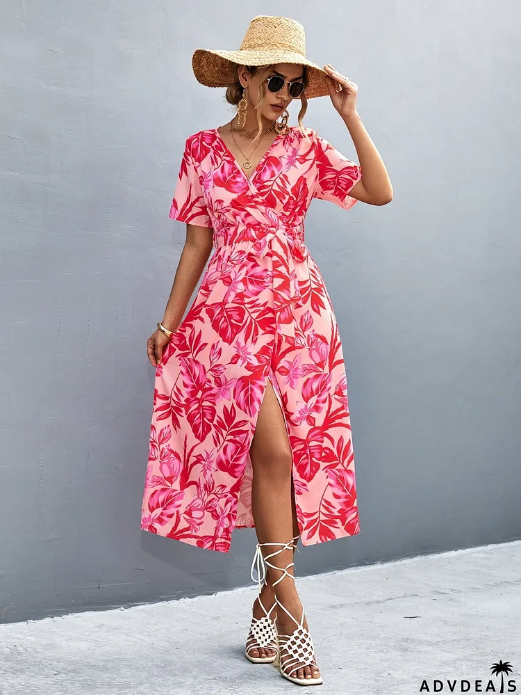 Floral Print High Slit Surplice Neck Tie Waist Midi Dress