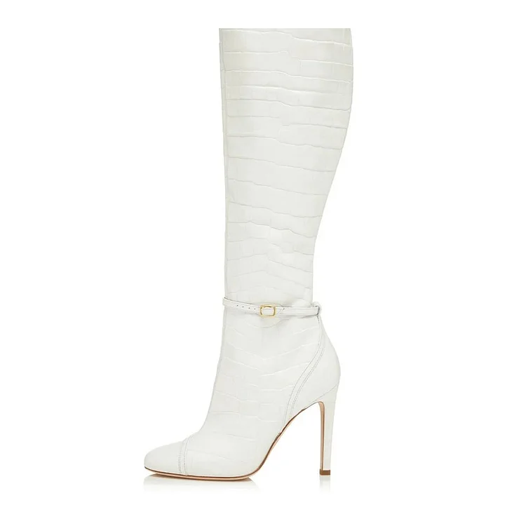Women's White Croco Embossed Square Toe Knee High Boots with Buckle |FSJ Shoes