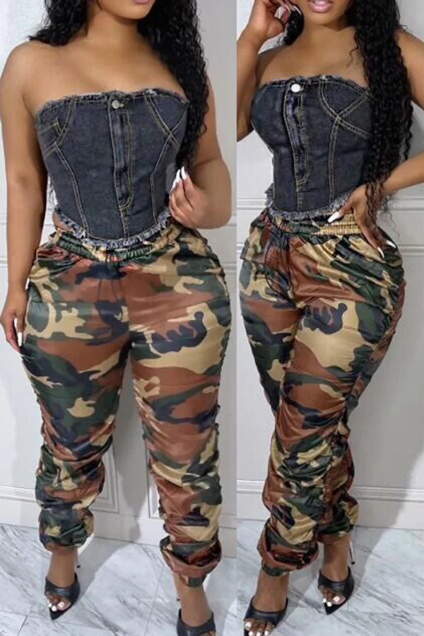 Camouflage Sporty Drawstring Ruched Pants