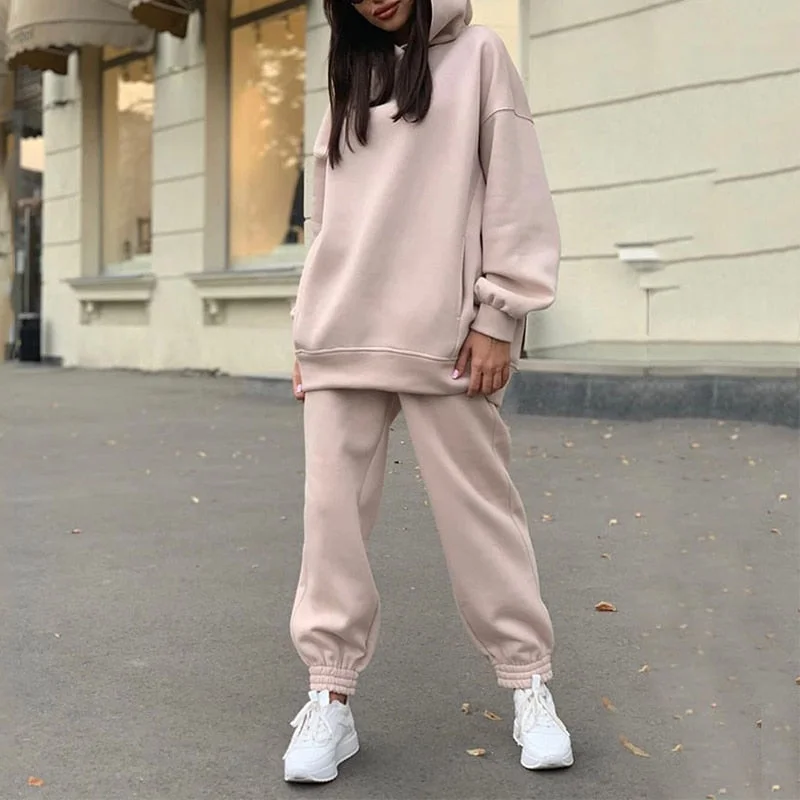 Oversize Heart Printed Fleece Women's Tracksuit Hoodies 2 Piece Set Sweatshirt + Pants Women Sport Suit Winter Sportswear