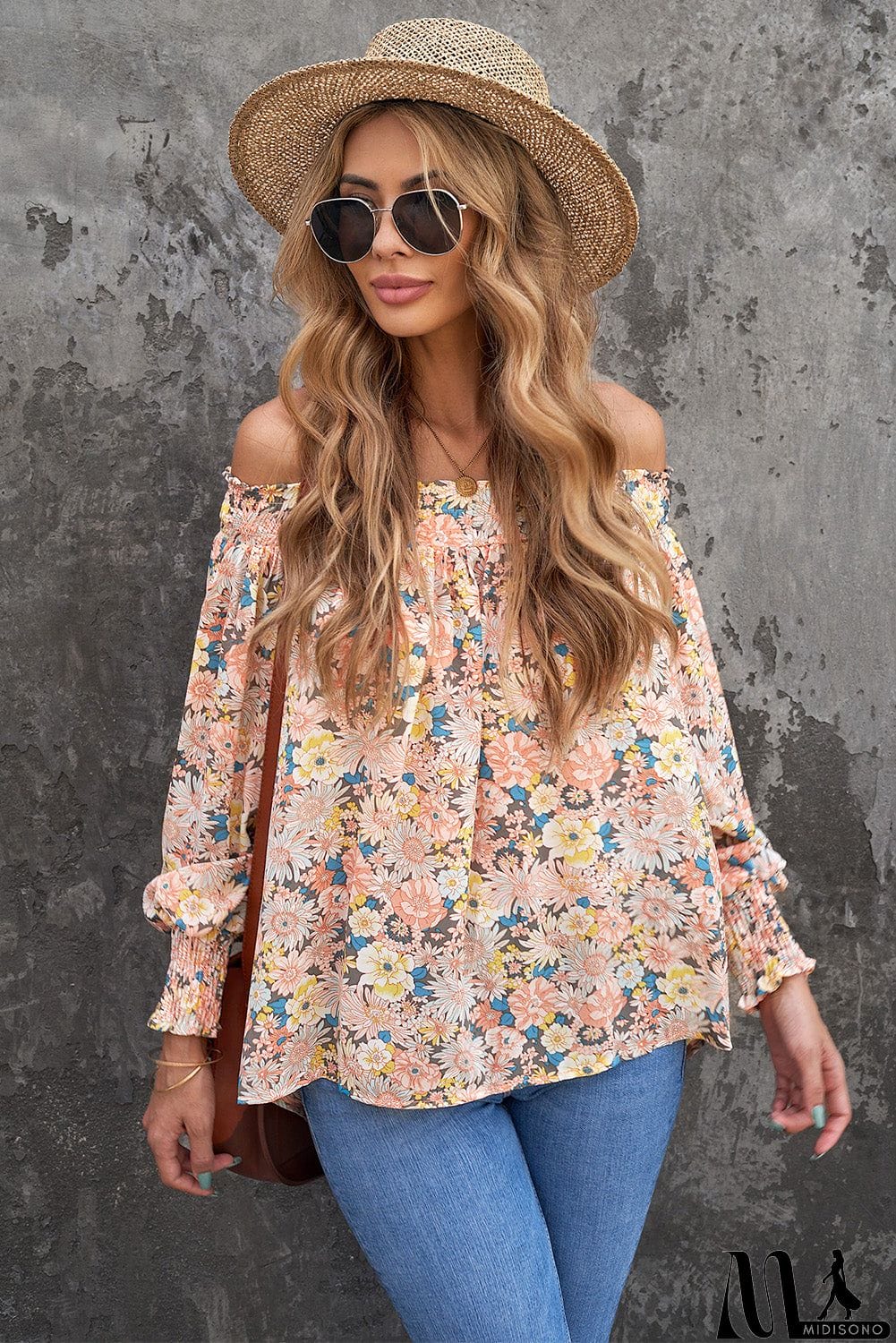 MidiSono - Off The Shoulder Smocked Floral Top