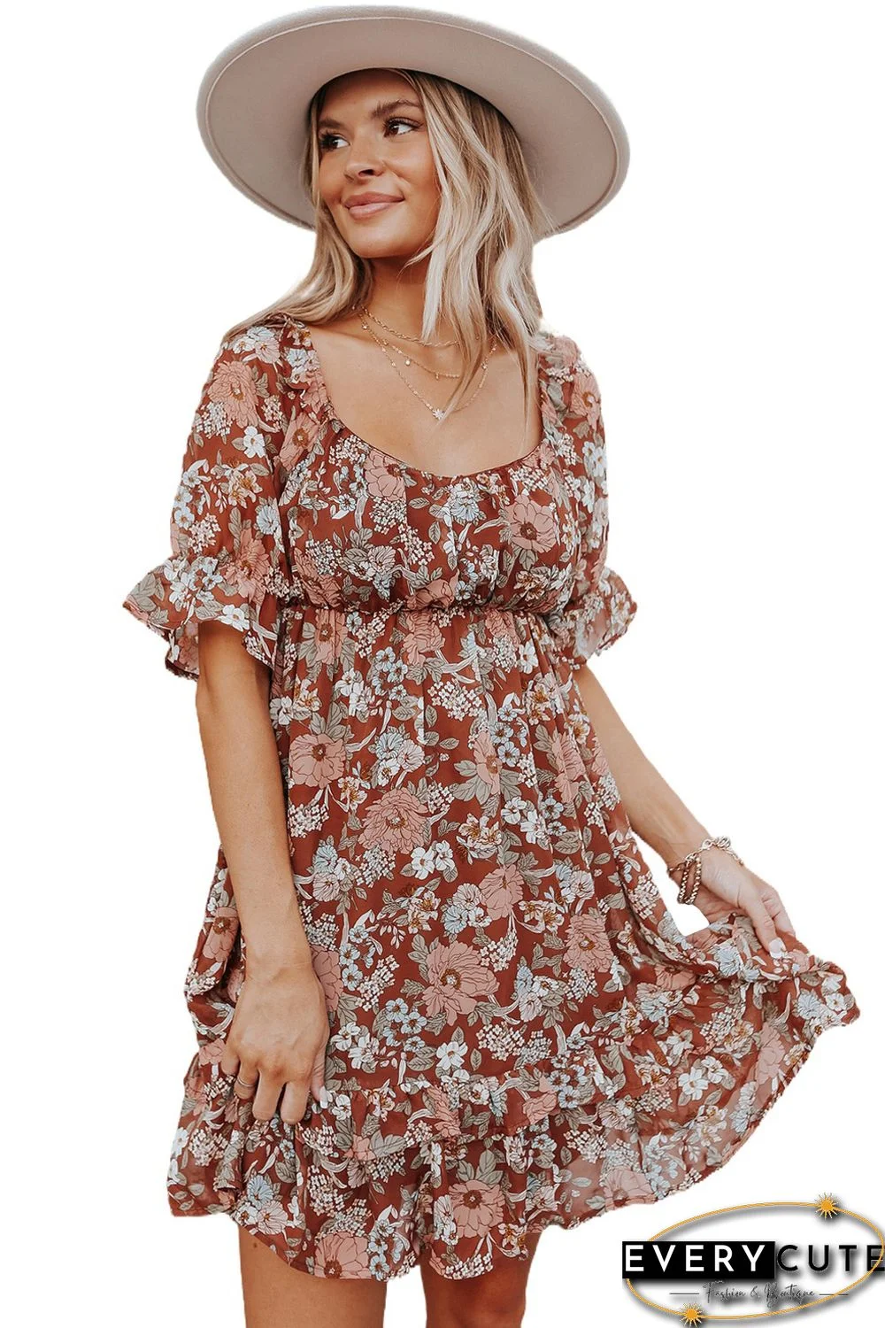 Square Neck Puff Sleeve Floral Mini Dress