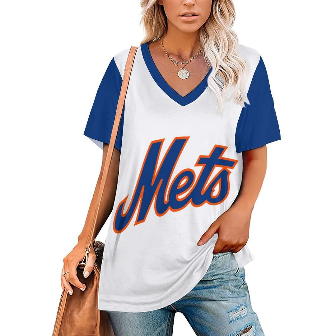 V-neck Short Sleeve Casual T-shirt for  Women Printed with Pattern , Blue, Red