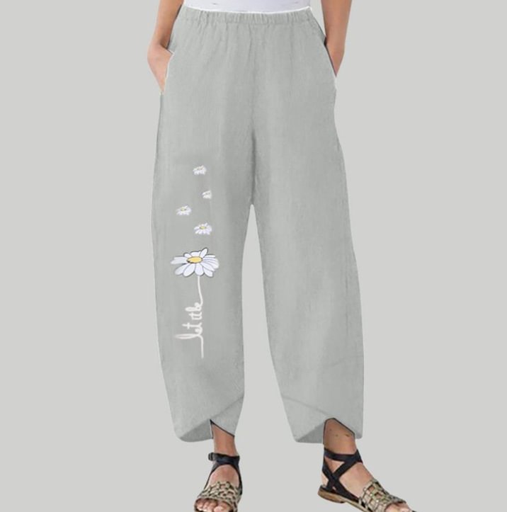 Women's Cotton And Linen Cartoon Print Elastic Casual Pants