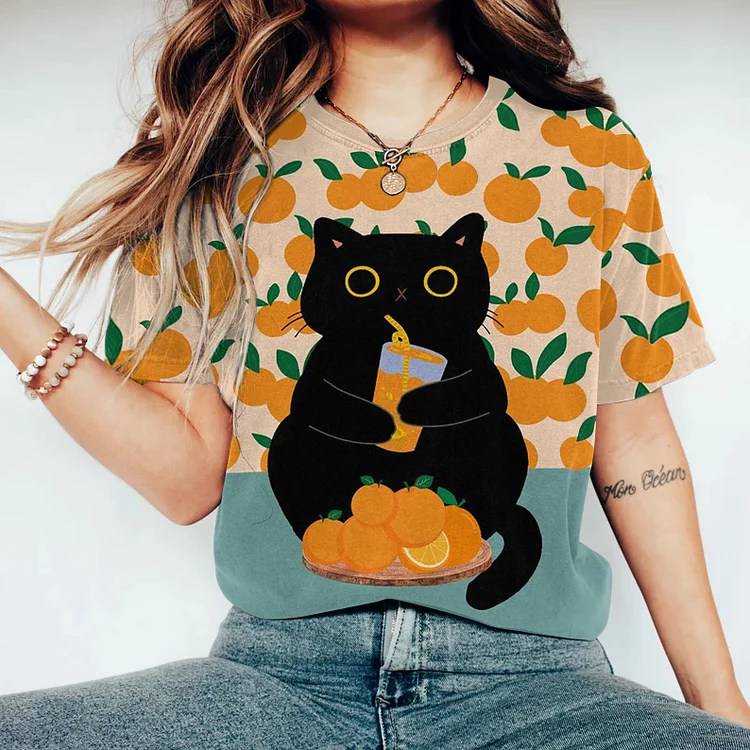 Abstract Creative Cute Black Cat Love Orange Juice Painting Art T-Shirt