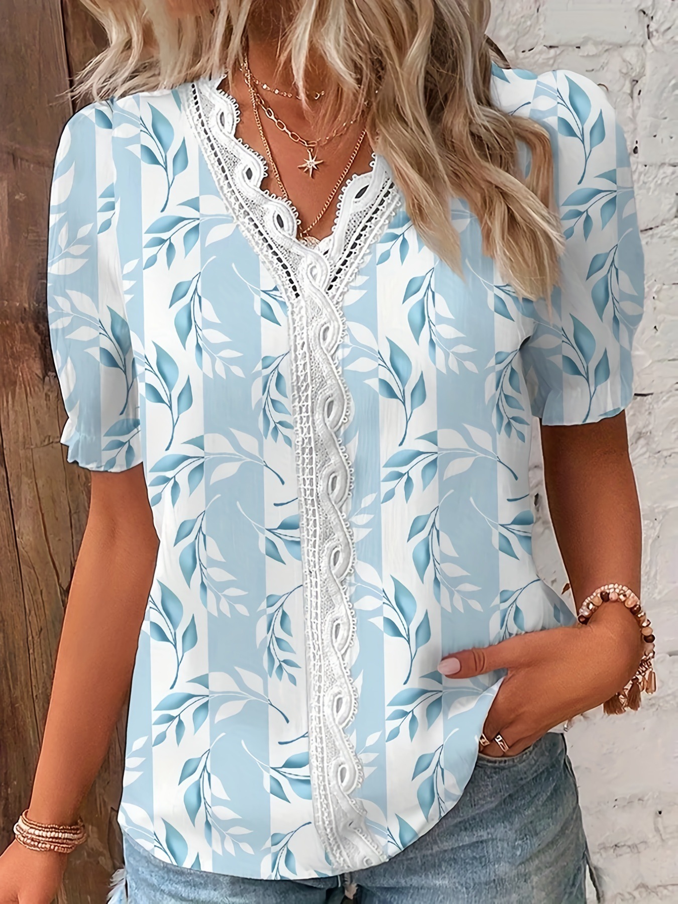 Slimhernow Summer V-neck Lace Patchwork Printed Shirt For Women 2025 Elegant Office Lady Short Sleeve Flower Print Pullover Blouses Femme