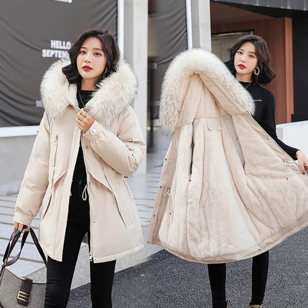 Vielleicht 2021 Winter Jacket Women Personalized Fashion Warm Fur Lining Cotton Women Coat Thick Quality Hooded Winter Parkas