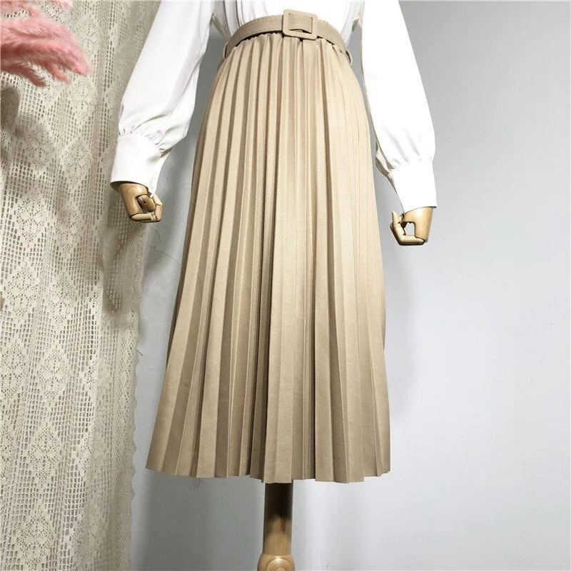 New 2020 Spring Women Pleated Midi Skirts Womens Casual Solid Korean Elastic High Waist Skirt Pleated Skirt With Belt