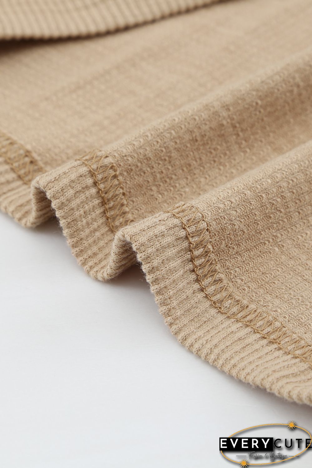 Khaki Crewneck Buttons Ribbed Knit Long Sleeve Top