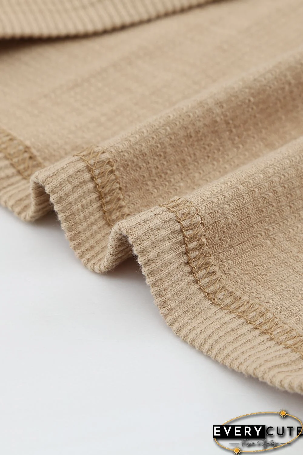 Khaki Crewneck Buttons Ribbed Knit Long Sleeve Top