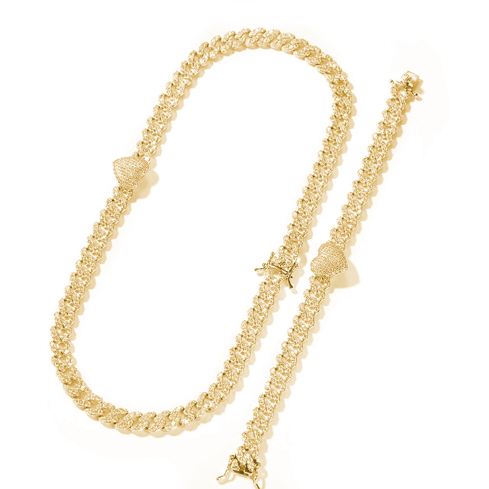 Personalized Heart Iced Out 9MM Cuban Chain and Bracelet Set