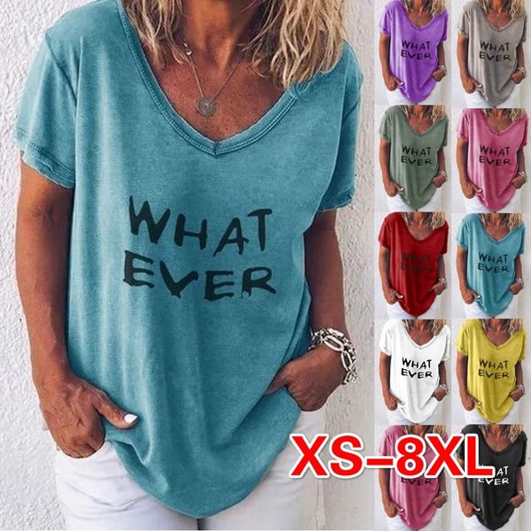 XS-8XL Summer Tops Plus Size Fashion Clothes Women's Casual Short Sleeve Tee Shirts Letter Printed Shirts V-neck Blouses Ladies Solid Color Pullovers Cotton Loose T-shirts - Chicaggo