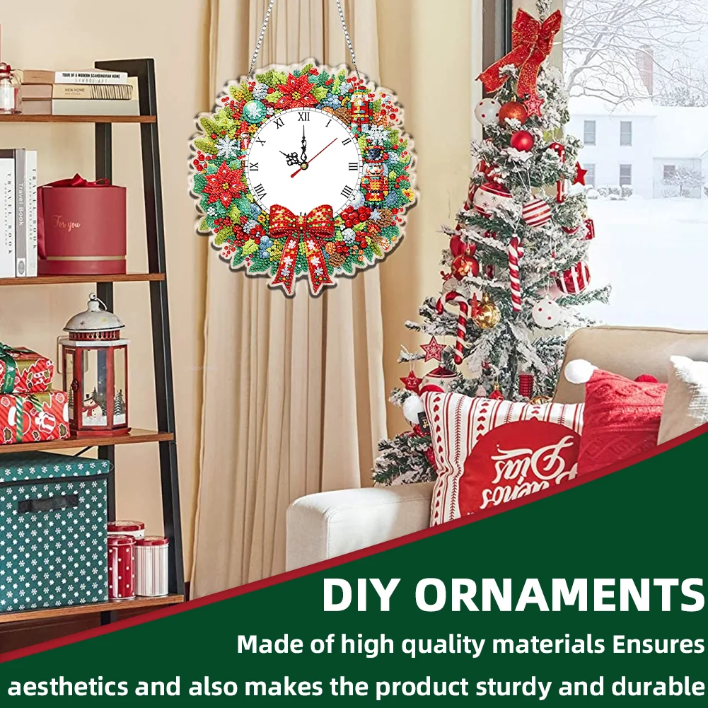 2D Flat DIY Christmas Wreath Acrylic Diamond Painting Clock Pendant Home Decor