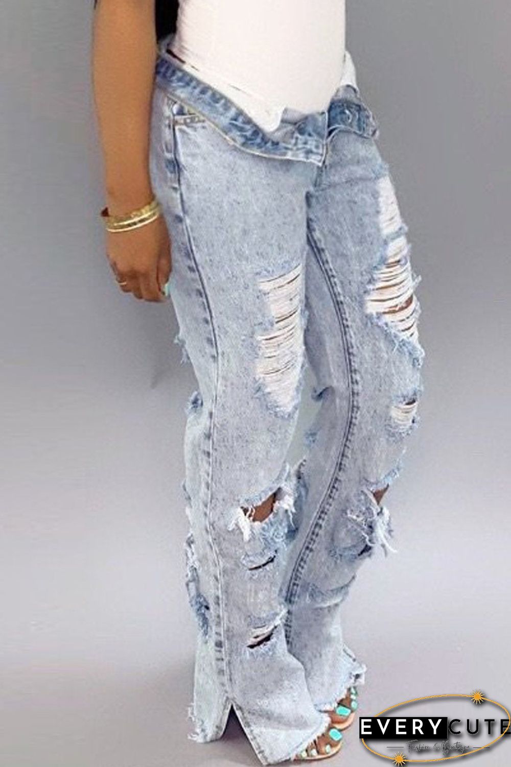 Hole Distressed Denim Slit Jeans