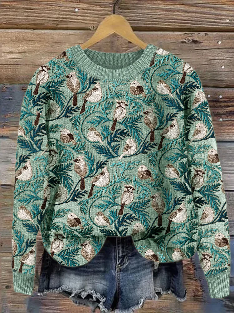 VChics Winter Birds & Leaves Embroidery Pattern Cozy Knit Sweater