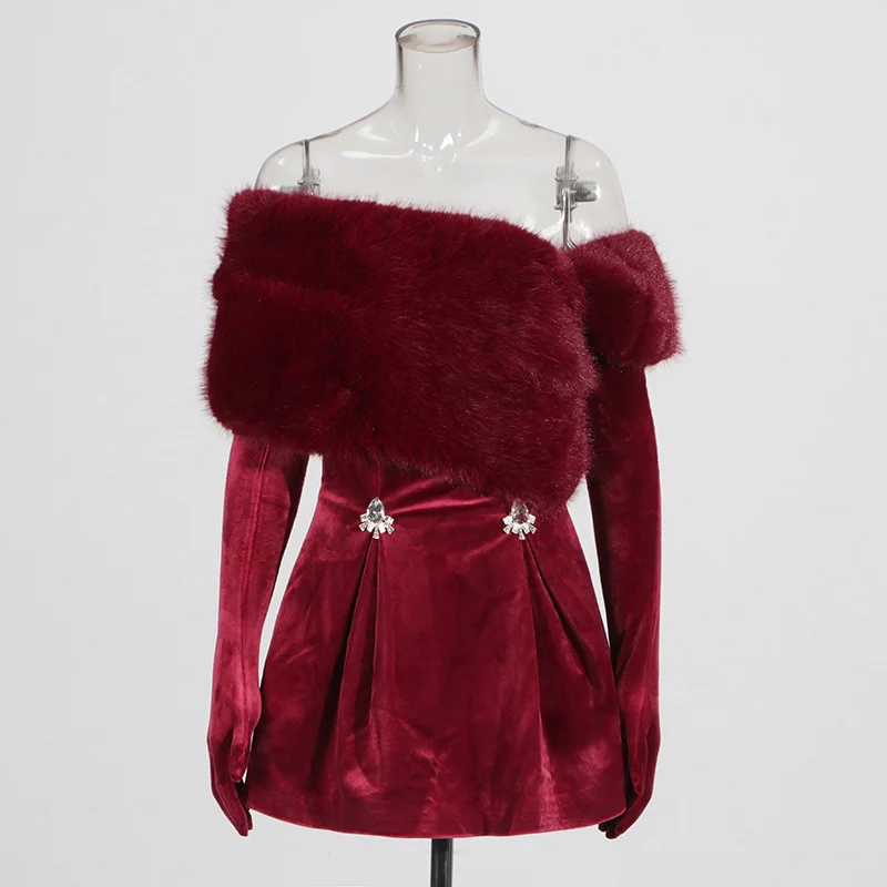 Zingj Temperament Famous Wind Velvet Dress 2025 New Hair Collar Splicing Diamond High-Sensing Sexy Breast Short Skirt Woman