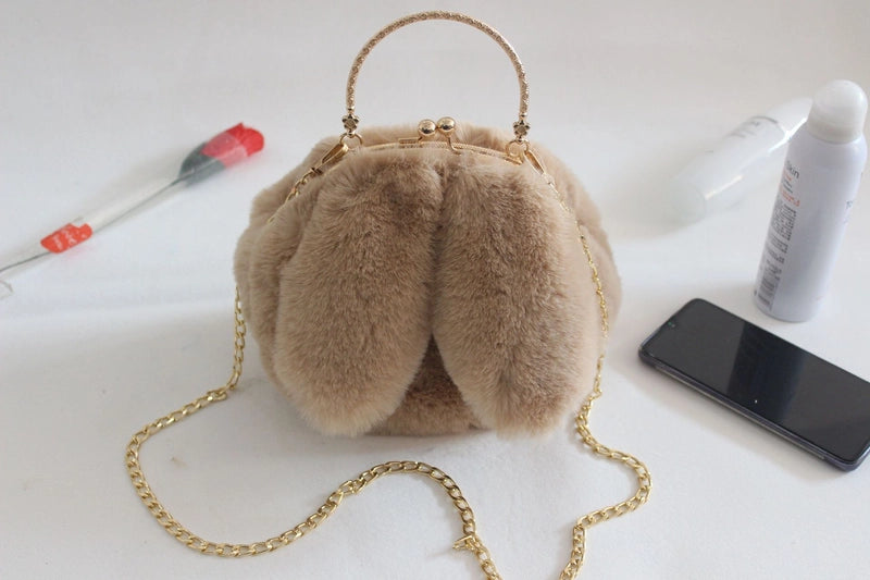 Women’s Plush Rabbit Solid Color Cute Round Lock Clasp Handbag Crossbody Bag