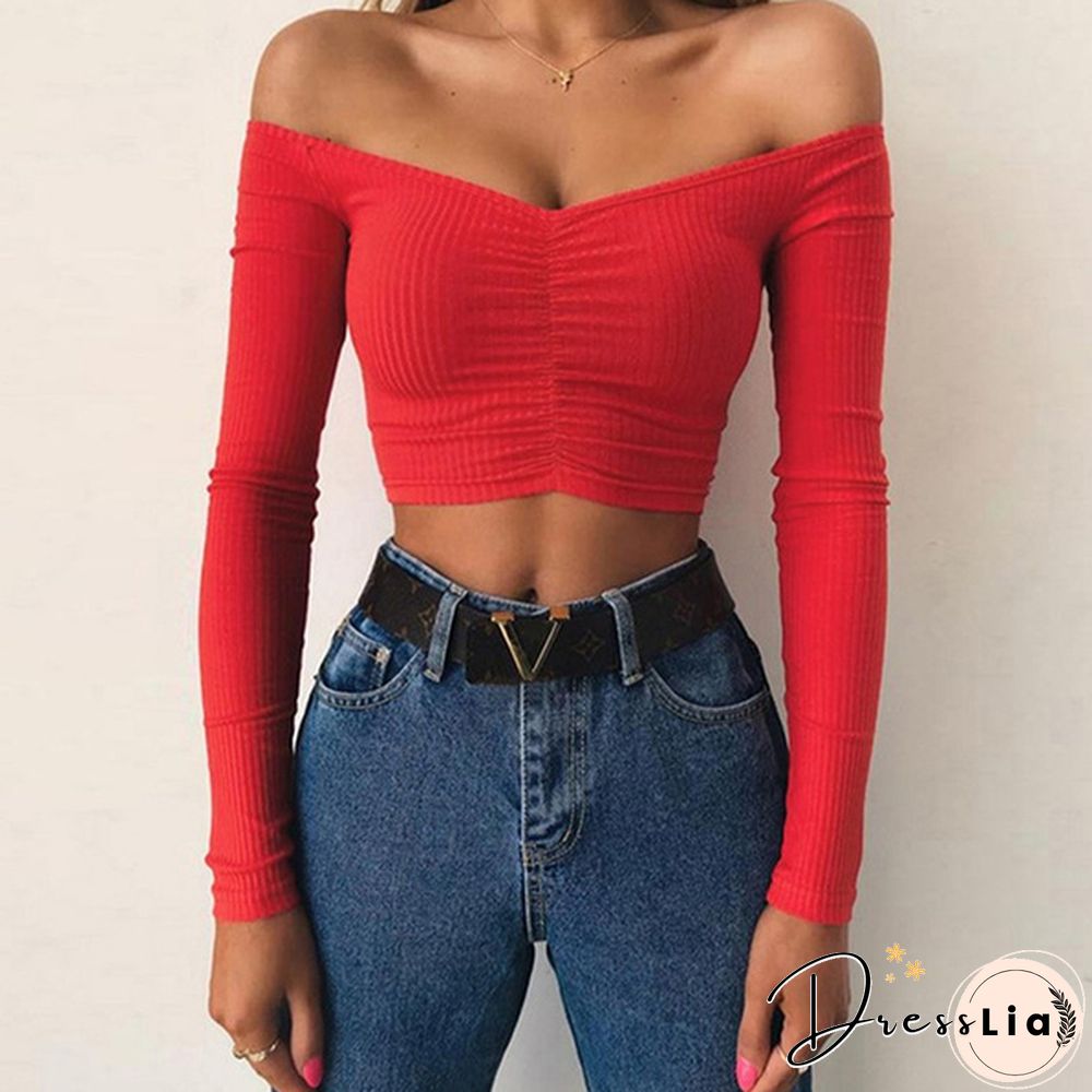 Summer Shirt T-shirt Casual Lady Long Sleeve Wrapped Chest Word Shoulder Fashion Tops