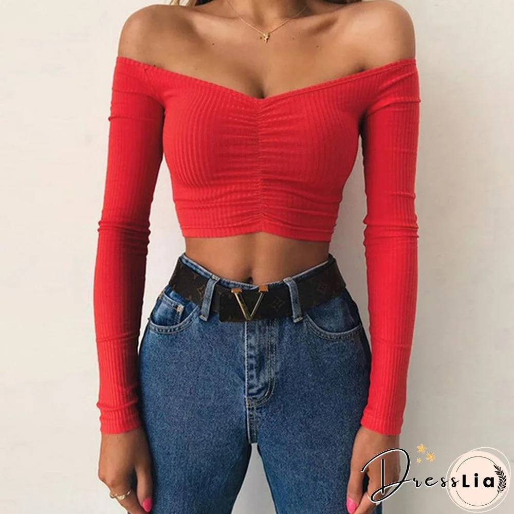 Summer Shirt T-shirt Casual Lady Long Sleeve Wrapped Chest Word Shoulder Fashion Tops