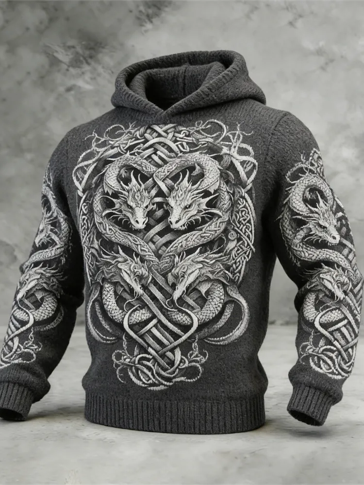 Celtic Double Dragon Pattern Men's Hooded Sweater