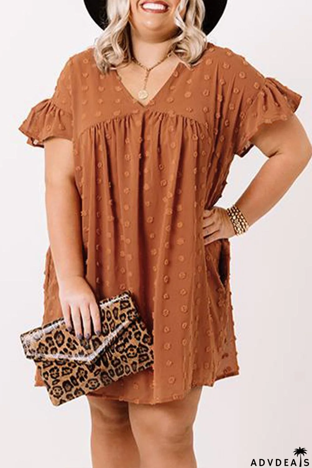 Plus Size V Neck Ruffle Swiss Dot Mini Dress with Pocket