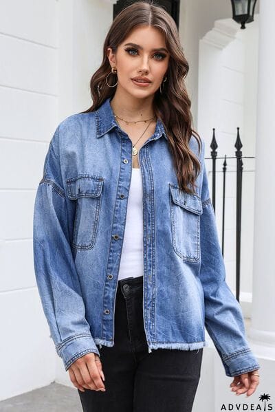 Raw Hem Pocketed Collared Neck Denim Jacket