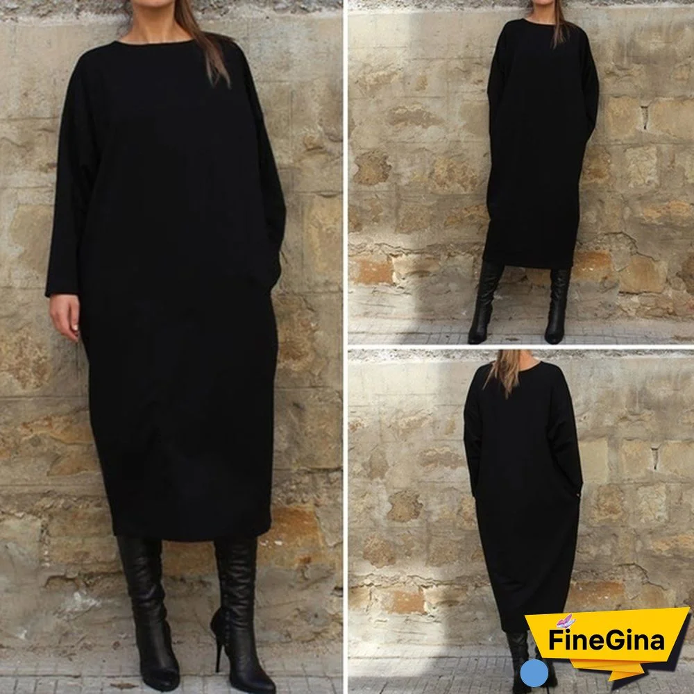 Plus Size Women Long Sleeve O-Neck Casual Black Sweatshirt Dress Autumn Winter Warm Jumper Dresses