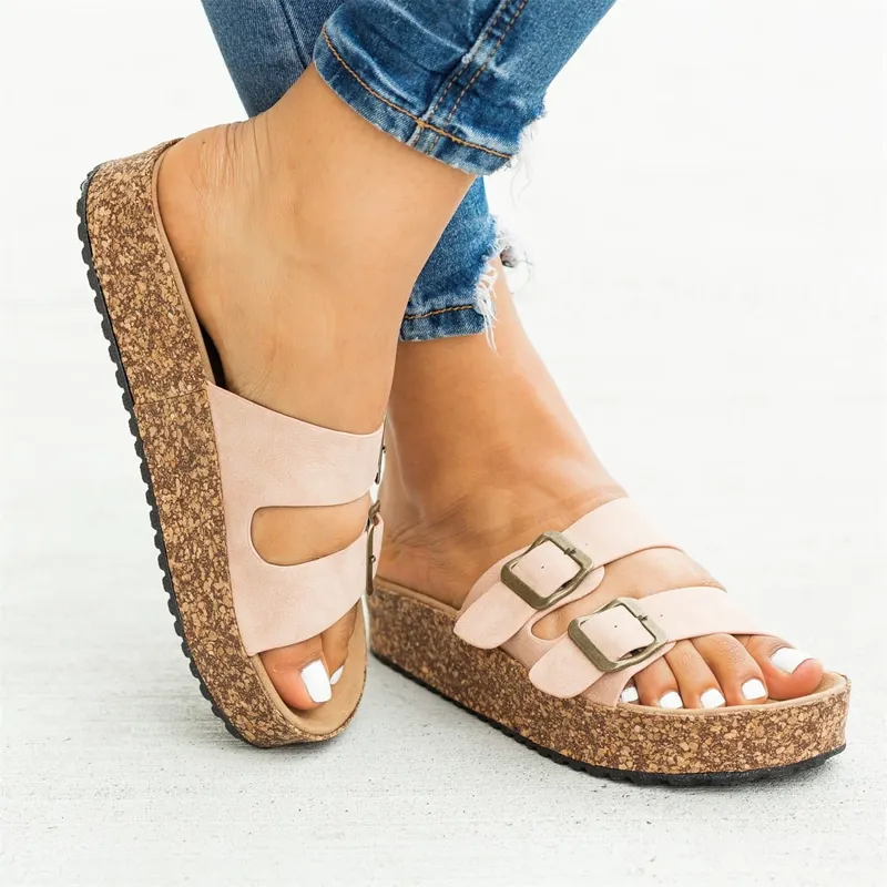 New Summer Women's Flip Flops Slippers Sandals Shoes Wedge Mid Heels Open Toe Buckle Strape Woman Platform Slides Slippers Shoes