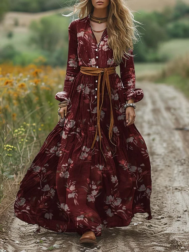 Women's Vintage Shirt Collar Long Sleeve Dress Floral Pocket Linen A-Line Dress