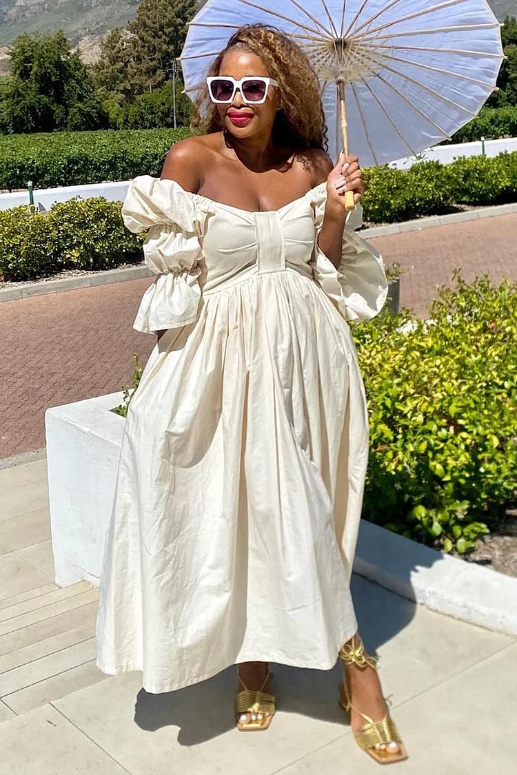 Off Shoulder Puffy Sleeve Bow Bust Pleated Garden Party Maxi Dresses-White