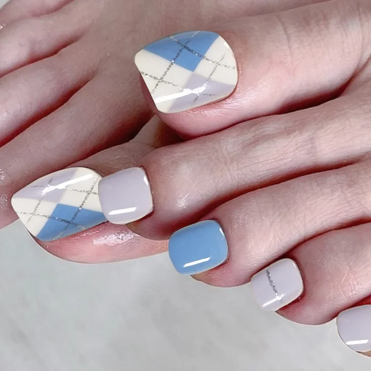 24pcs Morandi Color Department of Blue and White Fake Nails Full cover Fake Nails Glue DIY Manicure Nail Art Tools