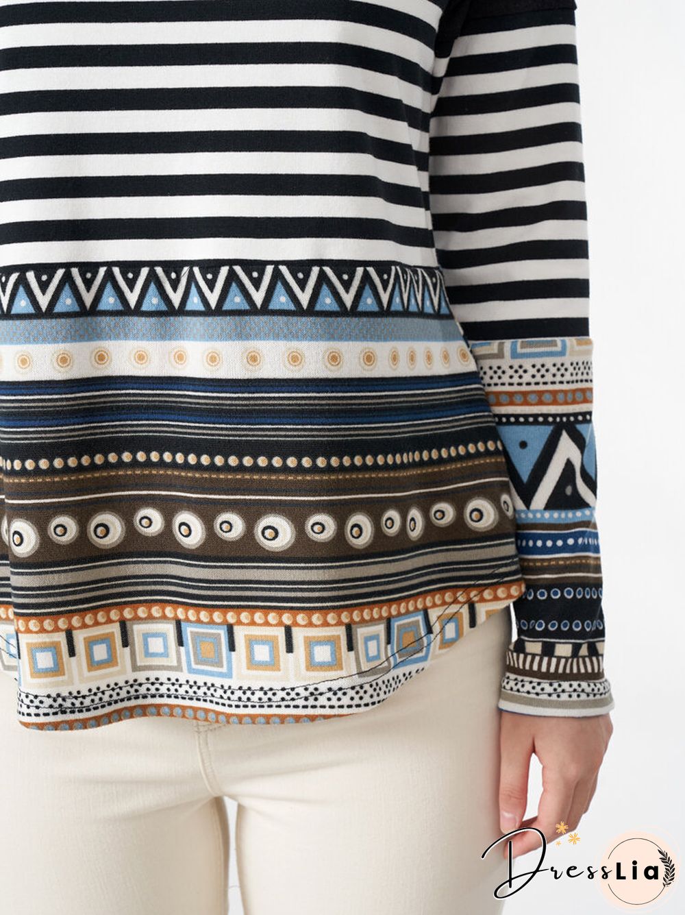 Stripe Tribal Pattern Long Sleeve Crew Neck Casual Sweatshirt
