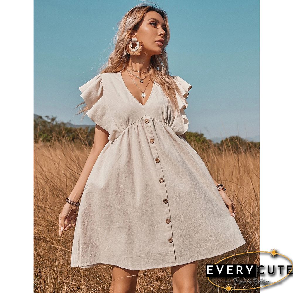Khaki V Neck Button Ruffle Sleeve Swing Dress