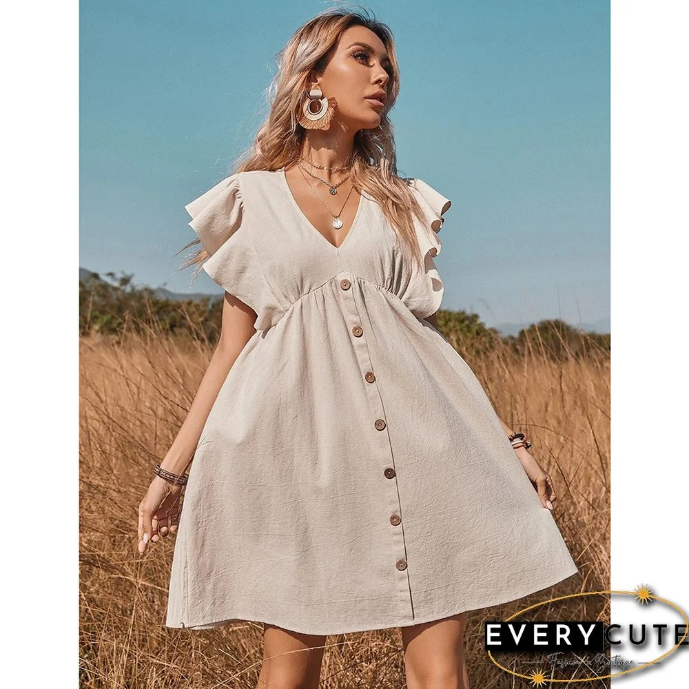 Khaki V Neck Button Ruffle Sleeve Swing Dress