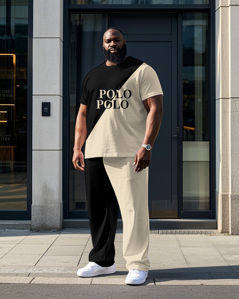 Men's Simple Splicing Color Block POLO Letter Printed Big and Tall Short Sleeve T-shirt Pants Set