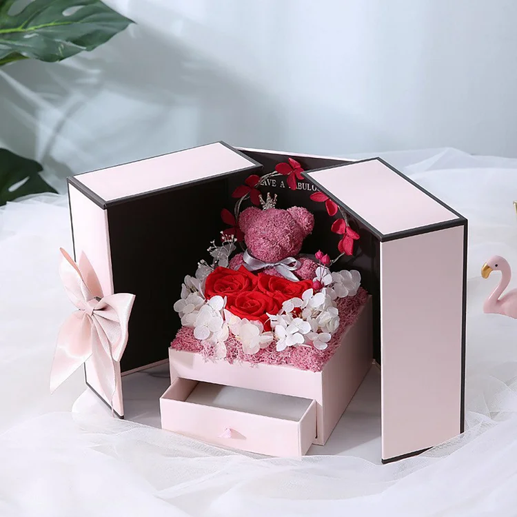 Sweetheart Bear Window Gift Box With Light Rose Everlasting Flower