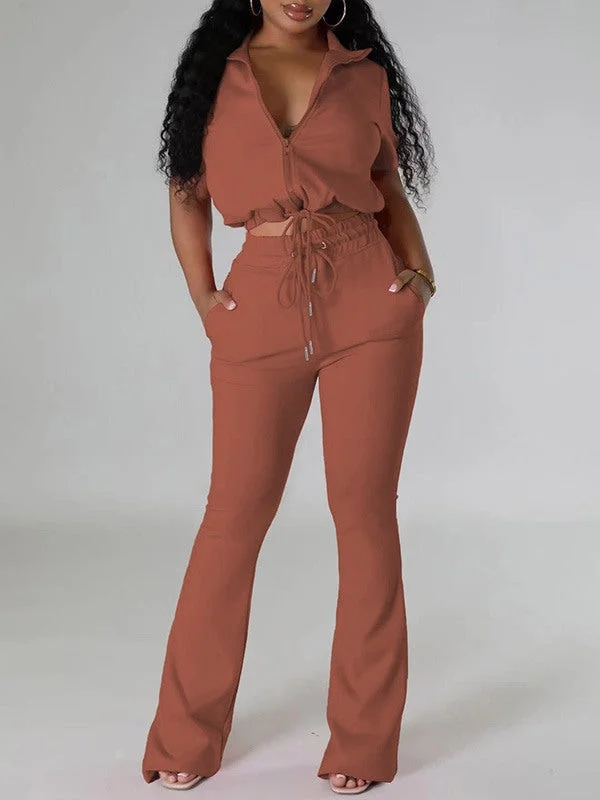 Fashion Solid Zip Top & Drawstring Pants Set