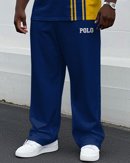 Big Men's Splicing Simple Yellow Stripe POLO Letter Printed Vest and Pants Set