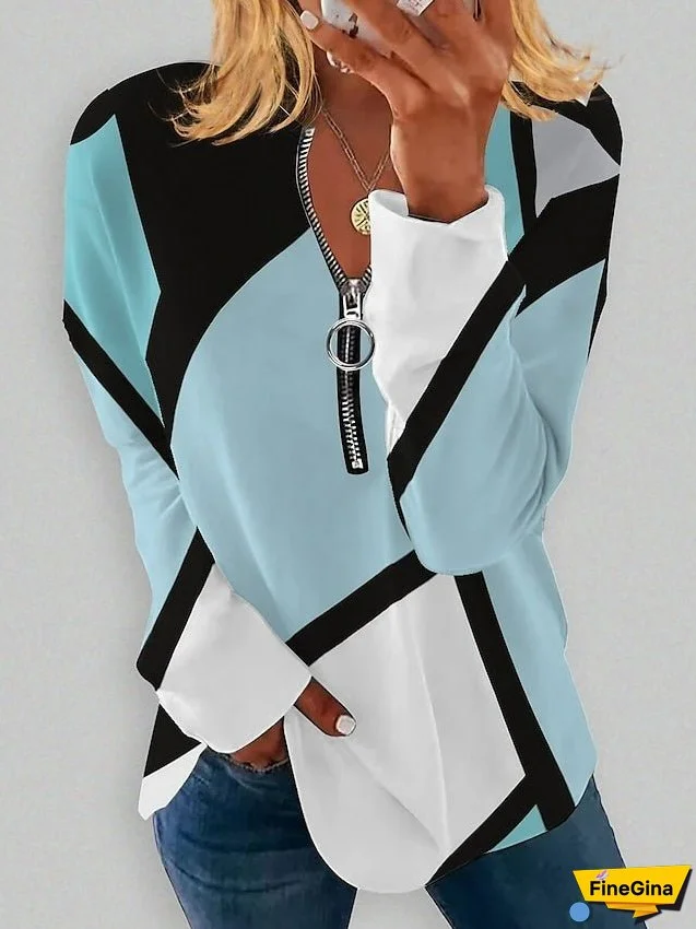 Women's Sweatshirt Pullover Active Streetwear Quarter Zip Print White Blue Purple Graphic Color Block Daily V Neck Plus