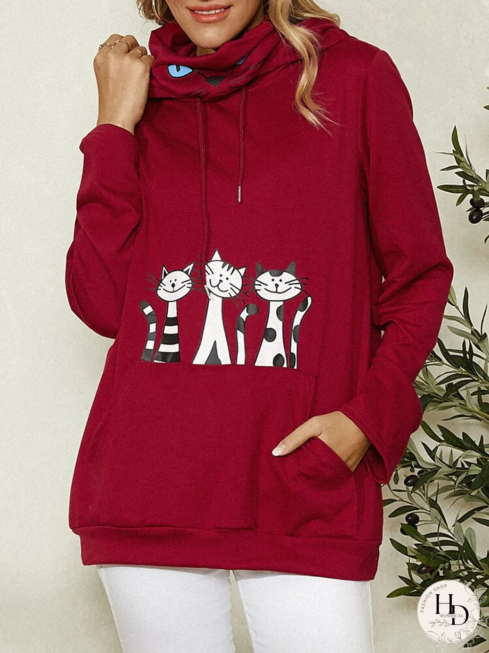 Cartoon Cat Printed Long Sleeve Snood Hoodie With Neck Gaiter