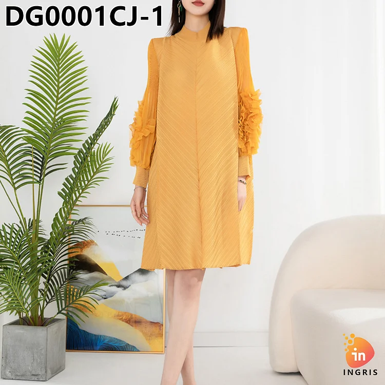 Women's Pleated Dress 2024 Autumn New Round Neck Embroidered High Neck Loose Dress-DG0001CJ