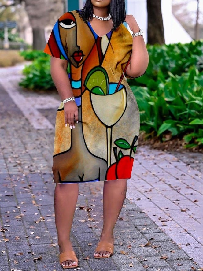 Abstract Print Plus Size V Neck Mid Sleeve Dress