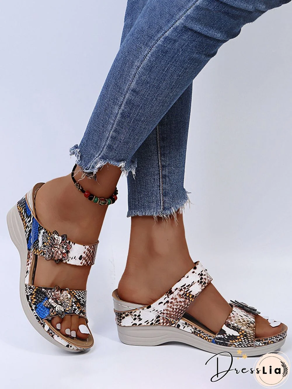 3D Floral Snake Print Wedge Sandals Slippers