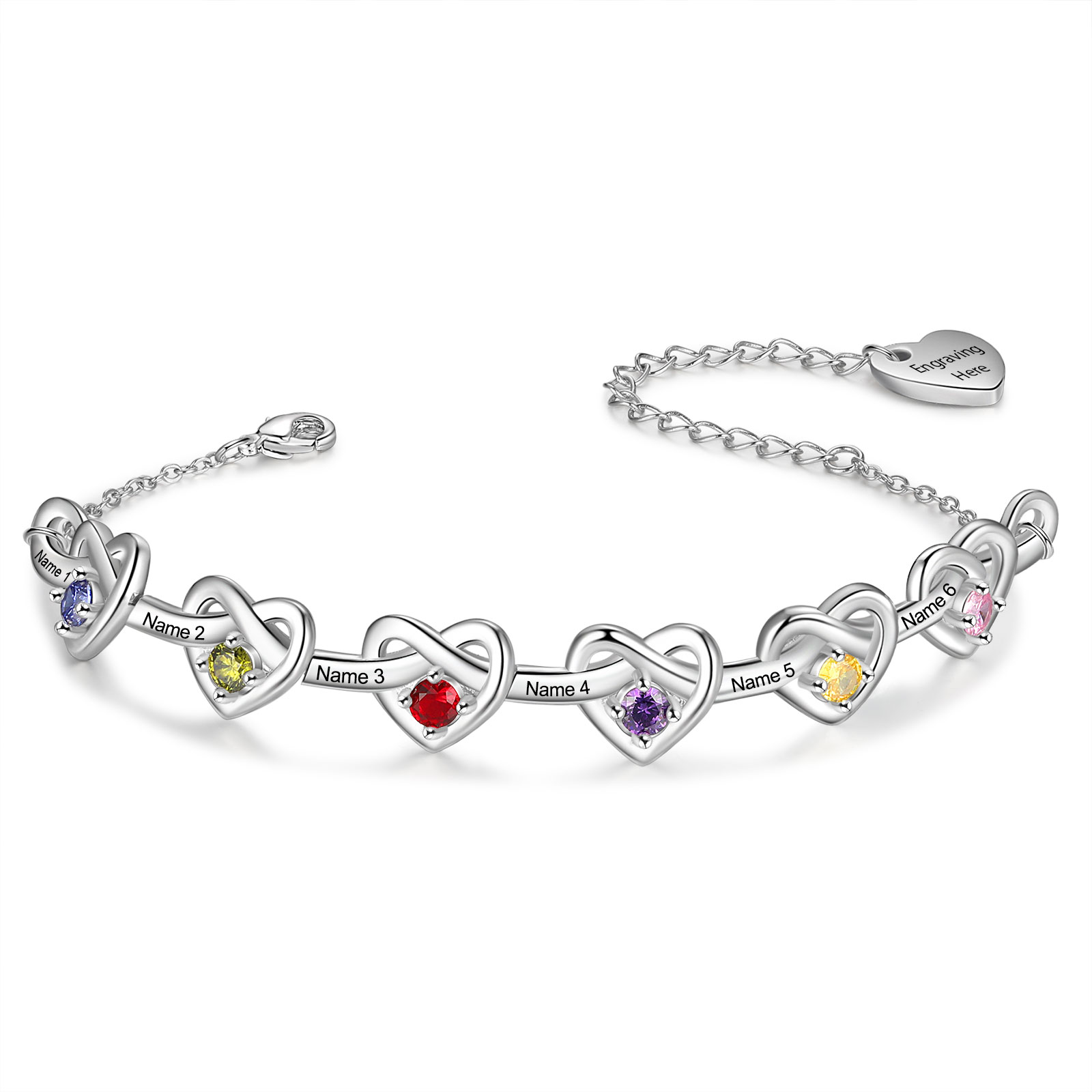 Braccialetto da cuore a cuore personalizzato con 6 pietre di nascita e 6 nomi personalizzati regalo per donna