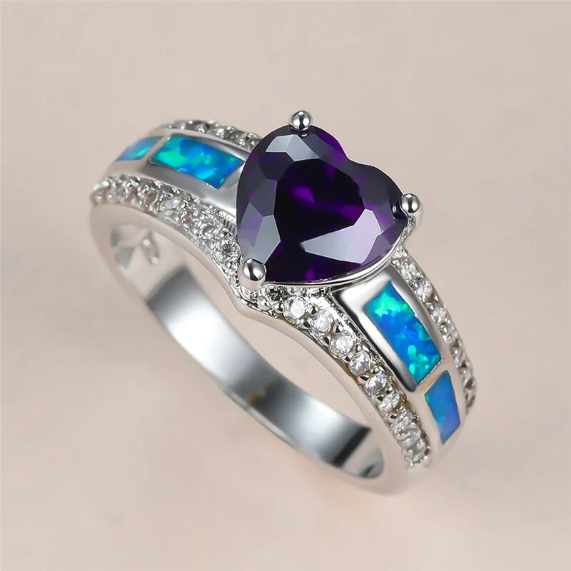 Trendy Female Purple Heart Crystal Ring Charm Silver Color Wedding Ring Luxury Blue Opal Stone Engagement Rings For Women